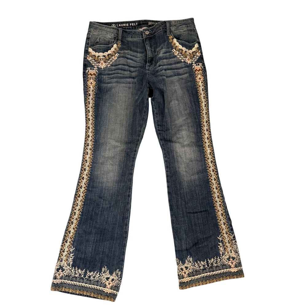 Laurie Felt Classic Boot Cut Jeans Womens 14 Blue Excellent Embroidered Floral